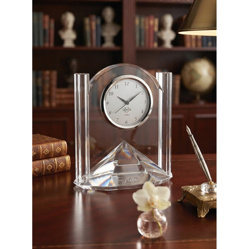 Lenox Generations Crystal Desk Clock Silver Bezel Quartz Pyramid Base 6.5in